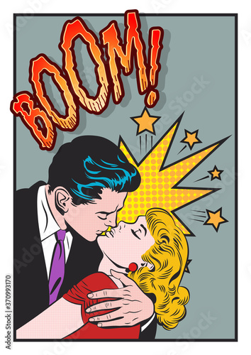 Kissing Lovers Retro Comic Book Art Style, Couple in Love