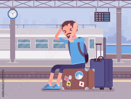 Boy missing the train journey, left in despair at trainstation. Angry sad man sitting at the luggage, railways passenger late for scheduled departure boarding. Vector flat style cartoon illustration