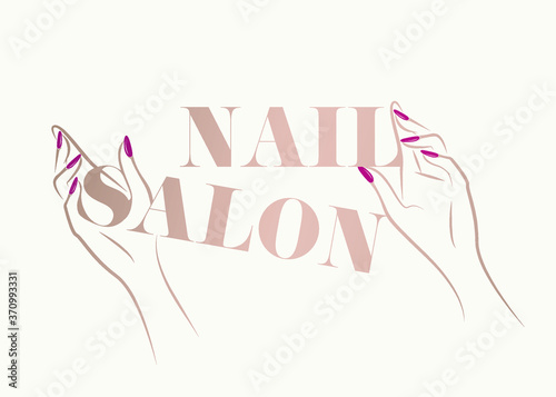 Hands with beautiful, elegant red nail polish manicure.Nail salon illustration isolated on light background.Beauty, cosmetics and spa logo.Feminine, luxury style drawing for nails art business.