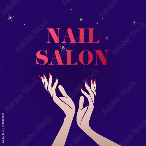 Hands with beautiful, elegant red nail polish manicure.Nail salon illustration isolated on dark background.Beauty, cosmetics and spa logo.Feminine, luxury style shapes for nails art business.