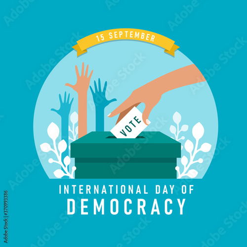 international day of democracy banner with The hand was lowering the vote card and hands was raised vector design