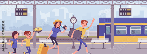 Family missing train, hurrying at trainstation. Family tourists, unfortunate passengers running in railway platform to catch leaving wagon, late for departure. Vector flat style cartoon illustration