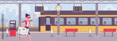 Woman missing train, hurry at trainstation. Female tourist, unfortunate passenger running in railway platform to catch leaving wagon, late for departure, losing. Vector flat style cartoon illustration