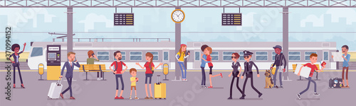 Trainstation railway line with trains and passengers. Platform of rail facility area and services, people arriving, waiting for boarding, tourists in journey. Vector flat style cartoon illustration