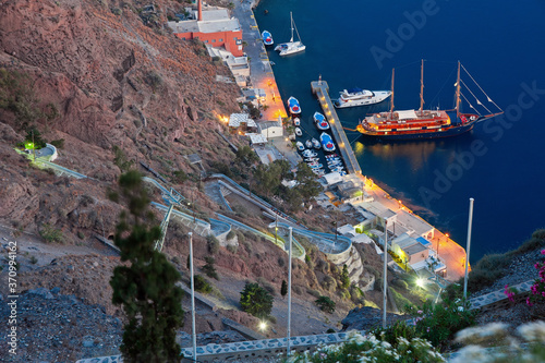  Old Port at twilight in Fira, Santorini, Greece.