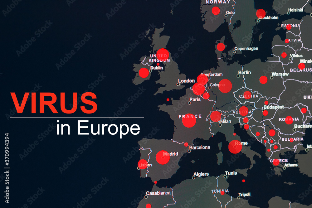 Virus epidemic in Europe the inscription VIRUS on the European map with red dots of infection centers. Virus epidemic in Europe the inscription VIRUS on the European map with red dots of infection centers.