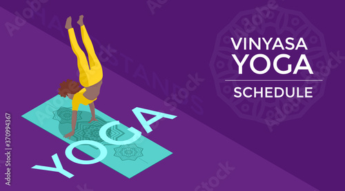 Yogi girl doing a handstand over a yoga mat wearing colorful pants in isometric perspective 