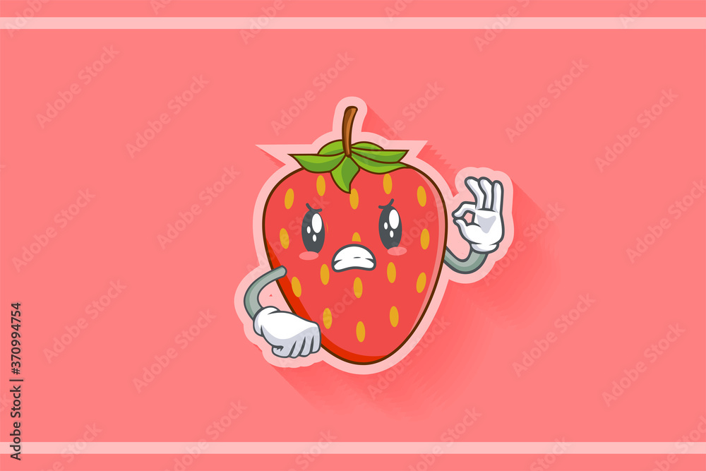 Obraz premium ANGRY, MAD, BAD MOOD Face Emotion. Nice Hand Gesture. Red Strawberry Fruit Cartoon Drawing Mascot Illustration.