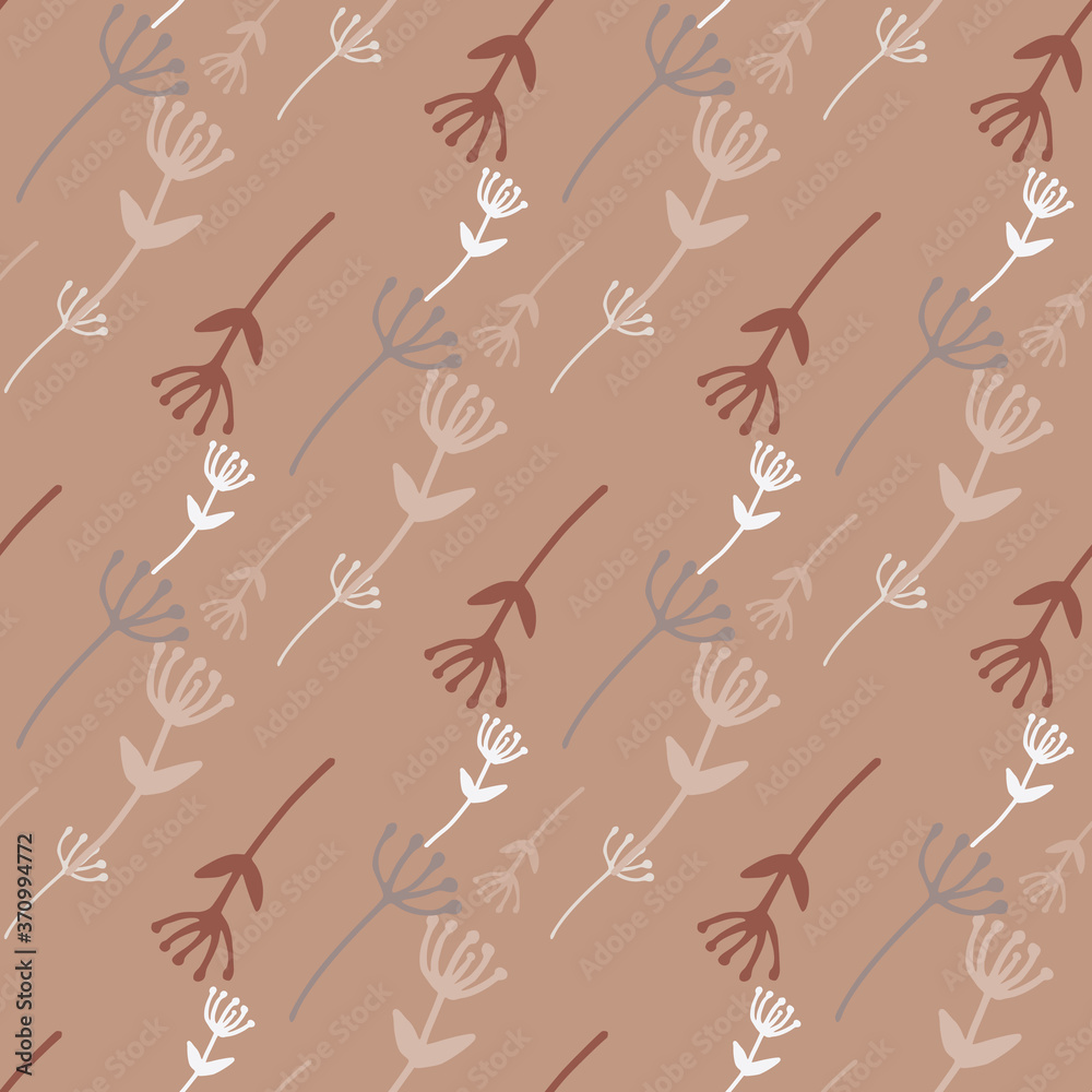 Autumn little floral seamless pattern with dandelion silhouettes. Soft brown background with white and beige botanic elements.