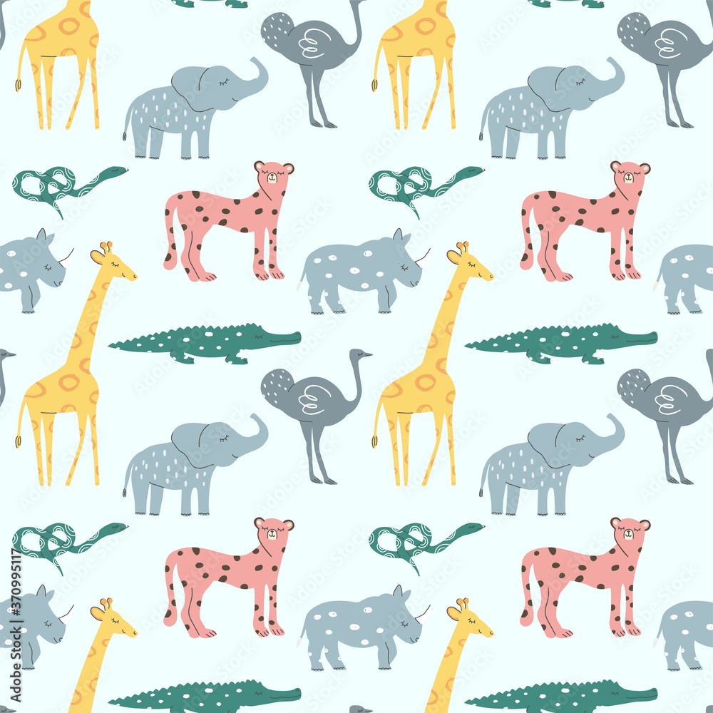 Naklejka premium Hand drawn seamless pattern background with cute African Animals snakes, rhino, giraffe, elephant, emu, cheetah, crocodile. For kids apparel, textile, fabric, nursery decoration, wrapping paper.
