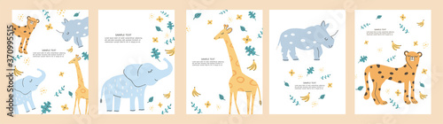 Cute vector set of Baby Shower posters with hand drawn doodle African Animals. Giraffe, rhino, elephant and cheetah. Colourful scandinavian childish card with copyspace.