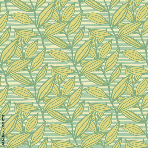 Contoured geometric doodle seamless pattern with leaves. Floral artwork in green tones with stripped background.