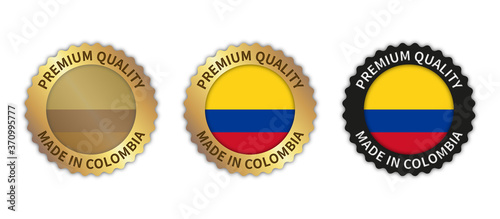 Set of 3 "Made in Colombia" vector icons. Illustration with transparent background. Country flag encircled with gold/black stamp. Sticker/logo for product/website.