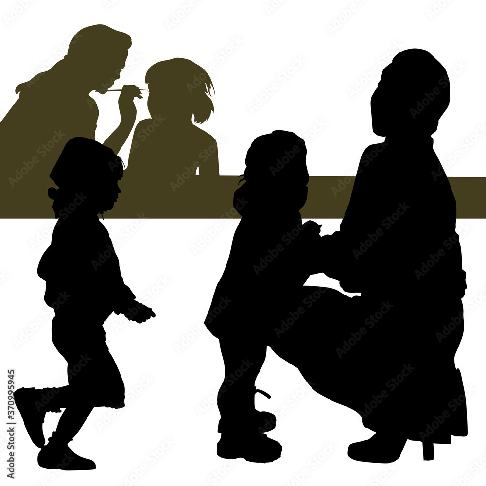 Vector silhouettes of children and adults isolated on white  Mom dresses her little daughter. the girl jumps merrily, a woman make-up artist makes the girl a make-up, paints her eyelashes with a brush