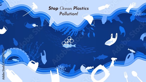 Stop ocean plastics pollution, vector illustration in paper cut style.