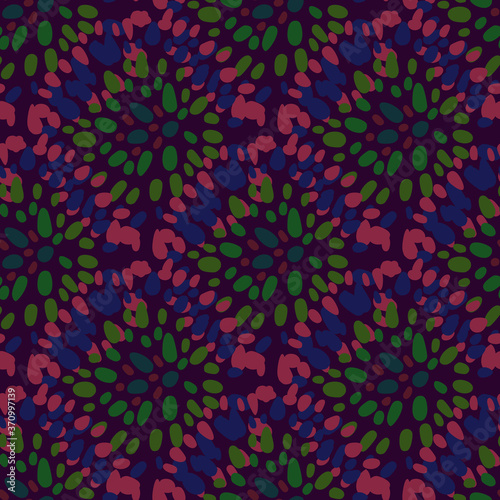 Dark african native seamless pattern with point circles. Ornament in purple and green tones on maroon background.