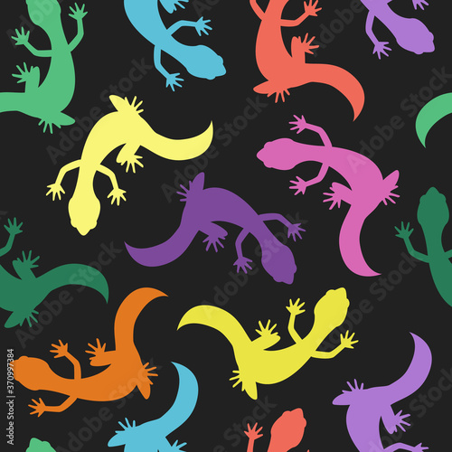 Beautiful seamless pattern with colorful lizards. Gecko abstract illustration for textile  wrapping paper or fabric design. - Vector