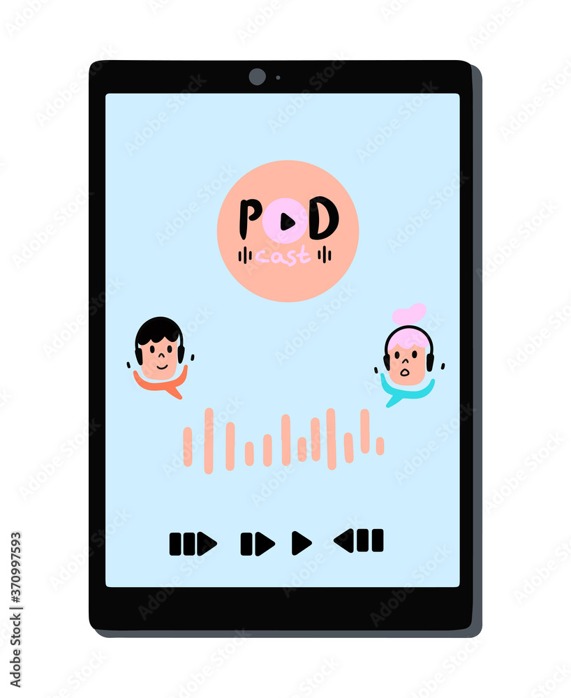 Podcast app for an electronic tablet. A conversational podcast. Vector flat illustration.