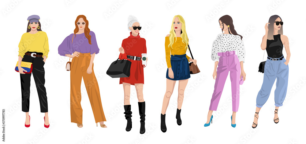 Set of women dressed in stylish trendy clothes - fashion street