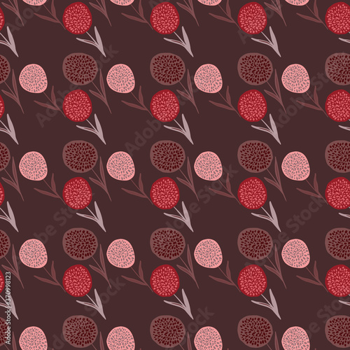 Little dandelion ornament seamless pattern. Dark maroon background with pink and red floral elements. Stylized backdrop.