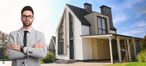 Wallpaper Mural Real estate agent against modern house, space for text. Banner design Torontodigital.ca