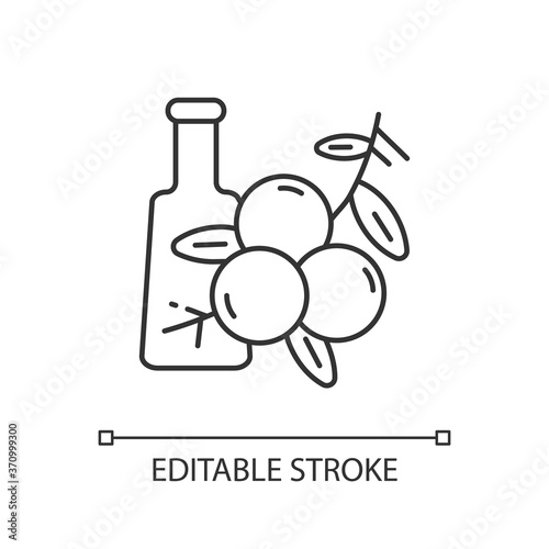 Juniper linear icon. Cooking condiment. Herbal and traditional medicine. Aromatherapy. Thin line customizable illustration. Contour symbol. Vector isolated outline drawing. Editable stroke