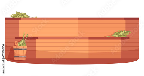Finnish sauna semi flat RGB color vector illustration. Wood place for spa treatment. Russian banya. Resort for recreation. Wooden bathhouse stove isolated cartoon object on white background
