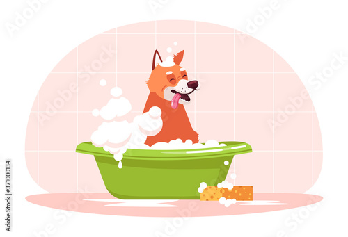 Dog in bathtub semi flat RGB color vector illustration. Doggy wash in bathroom. Bubble bath for puppy. Domestic animal cleaning. Canine isolated cartoon character on pink background
