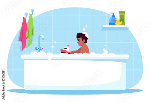 Boy bath time semi flat RGB color vector illustration. Baby play with plastic toy. Bubble bath for child. Bathroom time. Male toddler in bathtub isolated cartoon character on blue background