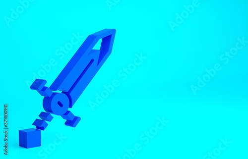 Blue Medieval sword icon isolated on blue background. Medieval weapon. Minimalism concept. 3d illustration 3D render.