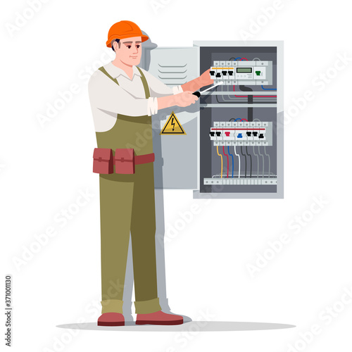 Electrician semi flat RGB color vector illustration. Technician in hardhat repairs electricity. Electrical engineer service. Man near distribution board isolated cartoon character on white background