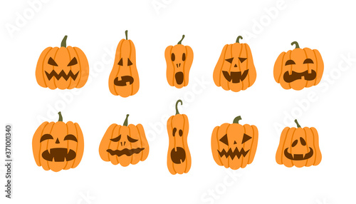 Set of halloween pumpkins terrible smile. Vector illustration in flat style on white background