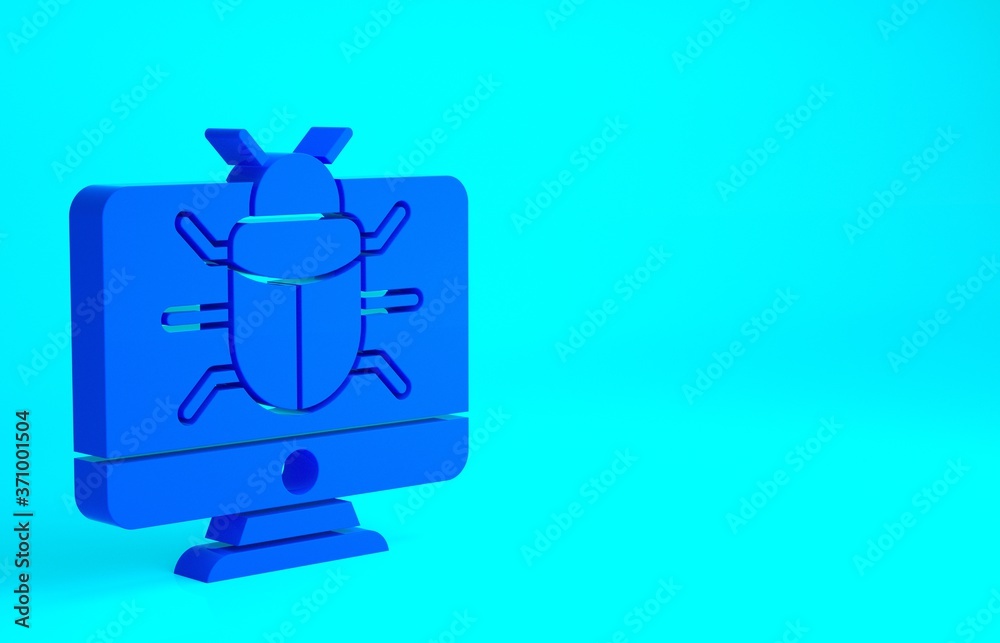 Naklejka premium Blue System bug on monitor icon isolated on blue background. Code bug concept. Bug in the system. Bug searching. Minimalism concept. 3d illustration 3D render.