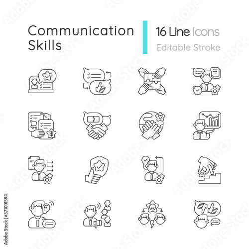 Communication skills linear icons set. Different personal traits. Self development, teamwork skills customizable thin line contour symbols. Isolated vector outline illustrations. Editable stroke