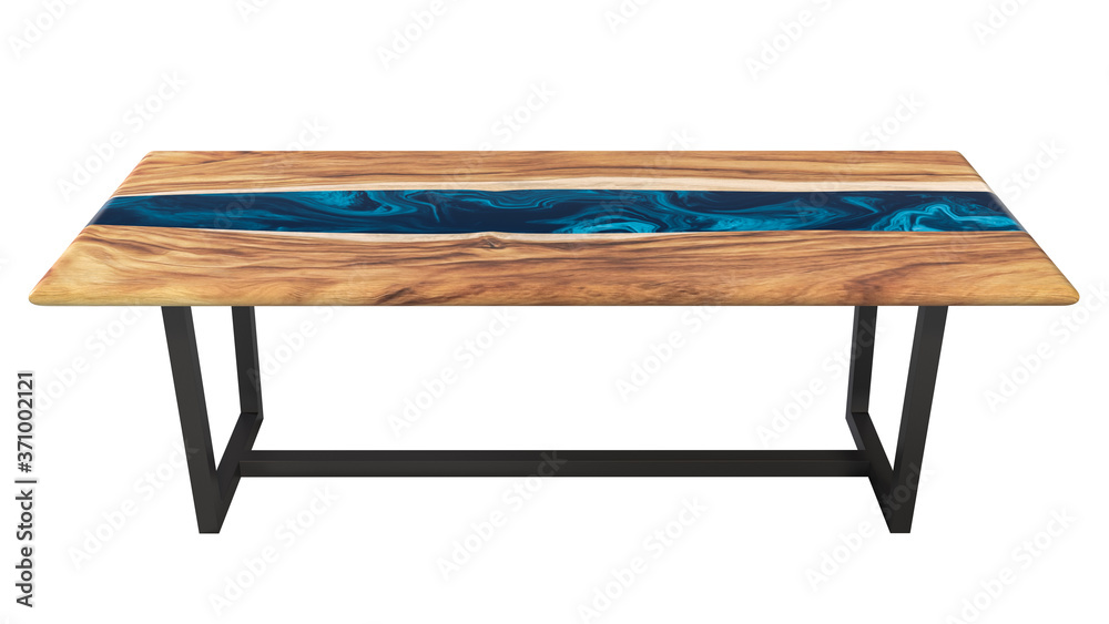 Live edge wooden table with epoxy resin art on a white background. 3D rendering