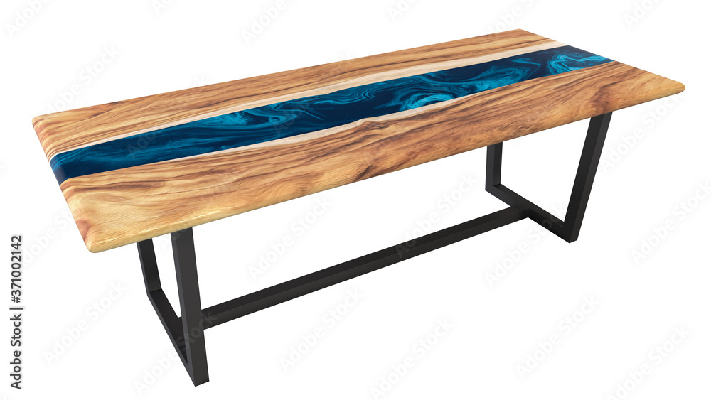 Live edge wooden table with epoxy resin art on a white background. 3D rendering Live edge wooden table with epoxy resin art on a white background. 3D rendering