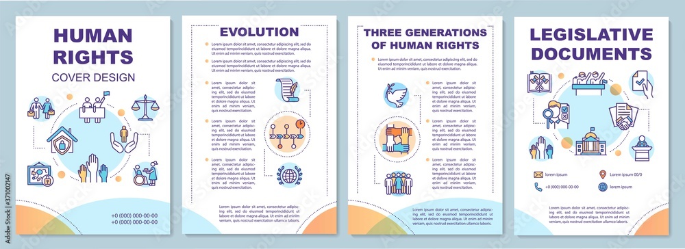 Human rights brochure template. Three generations and evolution. Flyer, booklet, leaflet print, cover design with linear icons. Vector layouts for magazines, annual reports, advertising posters