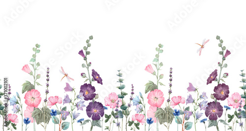 Beautiful horizontal seamless floral pattern with watercolor summer mallow flowers. Stock illustration. photo