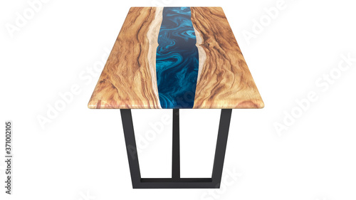 Live edge wooden table with epoxy resin art on a white background. 3D rendering