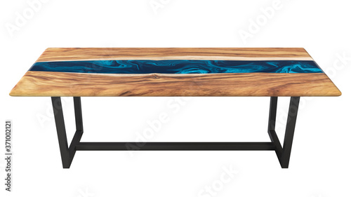 Live edge wooden table with epoxy resin art on a white background. 3D rendering