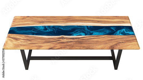Live edge wooden table with epoxy resin art on a white background. 3D rendering