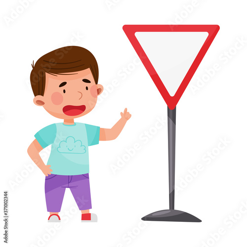 Little Boy Standing Near Road Sign Learning Traffic Rules Vector Illustration