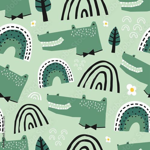 Baby seamless pattern with cute alligator, rainbows and trees. Creative childish texture for fabric, wrapping, textile, wallpaper, apparel. Vector illustration.