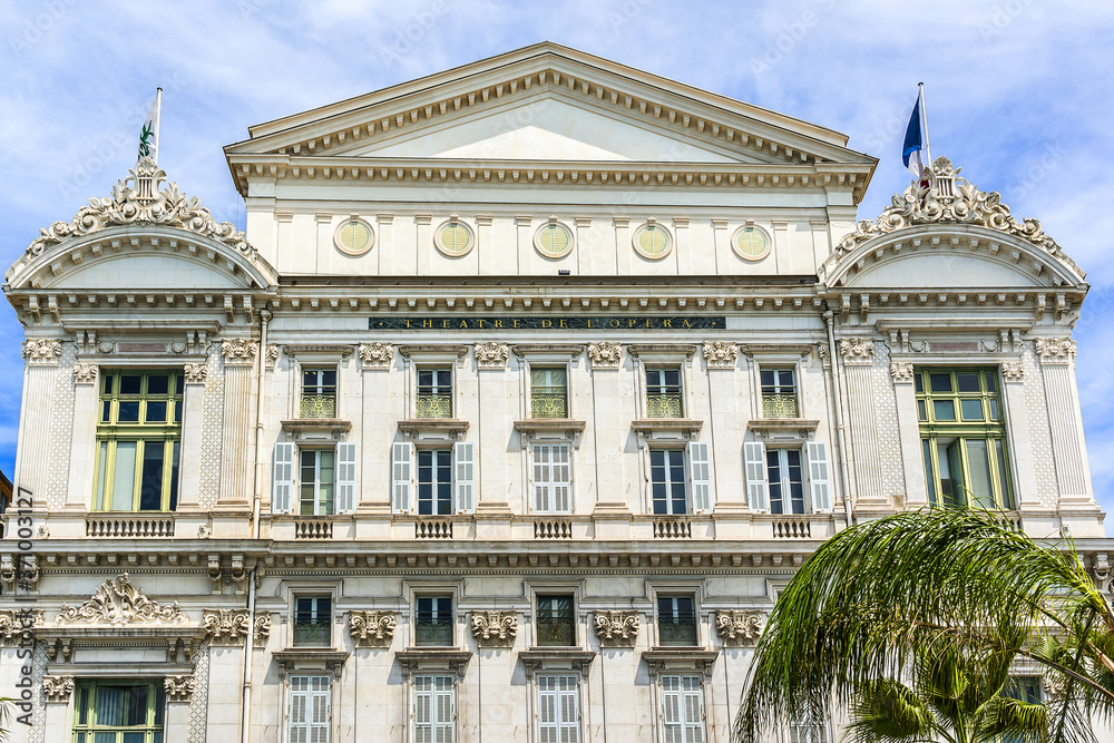 Nice Opera House (Opera de Nice or Theatre de L'Opera) created in 1776 by Marquess Alli-Maccarani. Opera de Nice building classified as a historic monument. Nice, French Riviera, France.