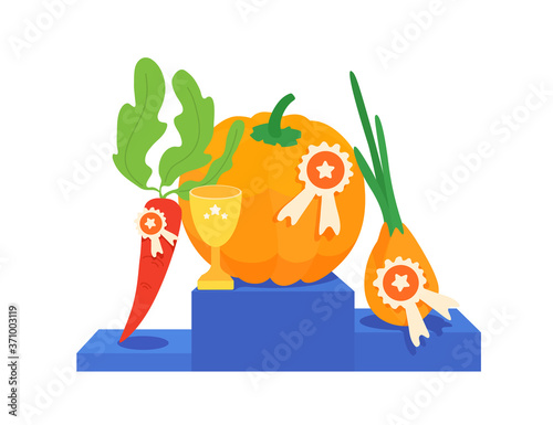 The best giant vegetable championship winners on a pedestal. First, second, third place medal. Champion of the tournament, competition. The best vegetable award: largest carrot, onion, pumpkin.