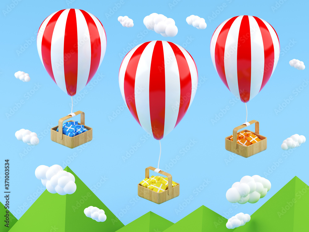 Flying Red balloons and gift box. 3d rendering. concept balloons flying over the mountain. 3d isometric