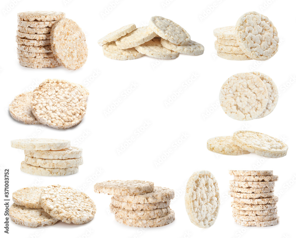 Frame of puffed corn cakes on white background Frame of puffed corn cakes on white background