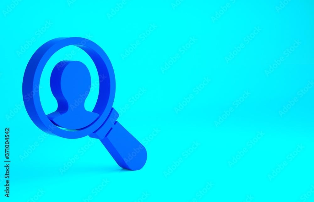 Blue Magnifying glass for search a people icon isolated on blue background. Recruitment or selection concept. Search for employees and job. Minimalism concept. 3d illustration 3D render. Blue Magnifying glass for search a people icon isolated on blue background. Recruitment or selection concept. Search for employees and job. Minimalism concept. 3d illustration 3D render.