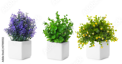 Set of artificial plants in flower pots isolated on white. Banner design photo