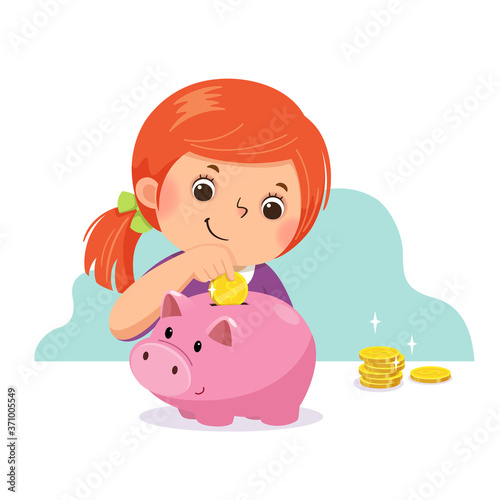 Vector illustration cartoon of a little girl putting coin into piggy bank.